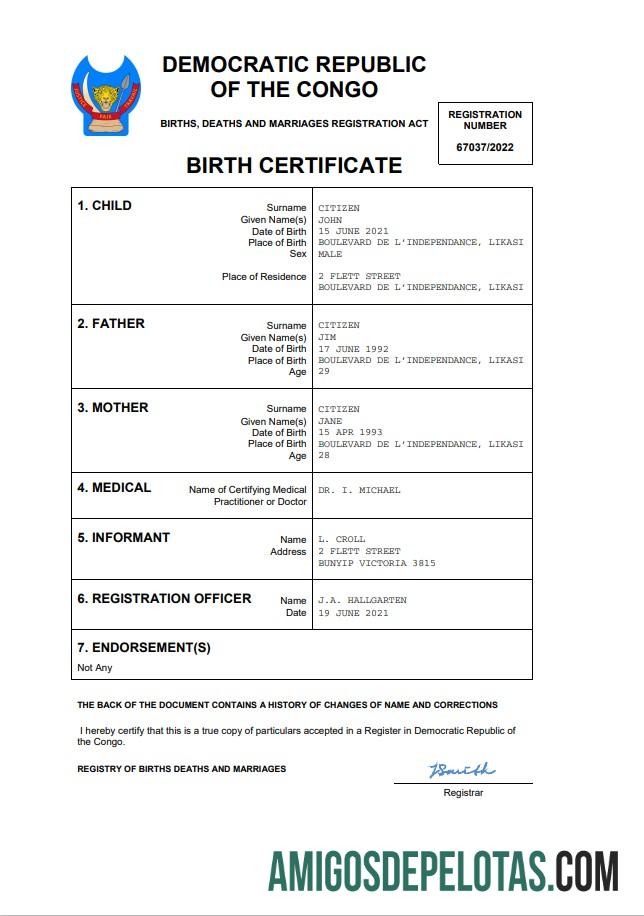 Em branco modelo Word e PDF de certidão de nascimento da República Democrática do Congo